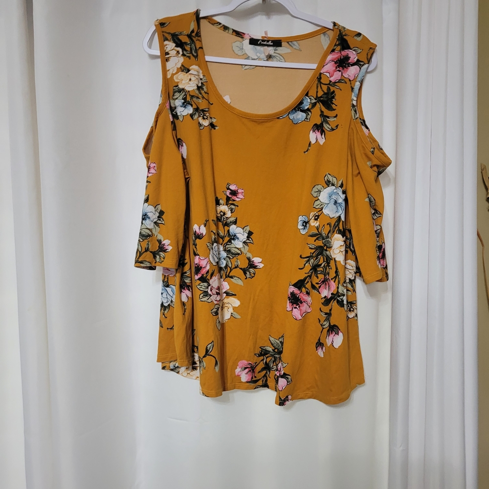Cold-Shoulder Floral Top in Mustard